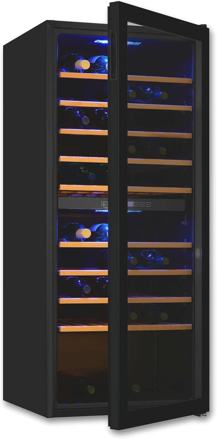 Exquisit Weinkühlschrank 2 Zonen, LED-Beleuchtung und Digitalanzeige in Schwarz, Weintemperierschrank für 114 Flaschen, 9 Holzablagen