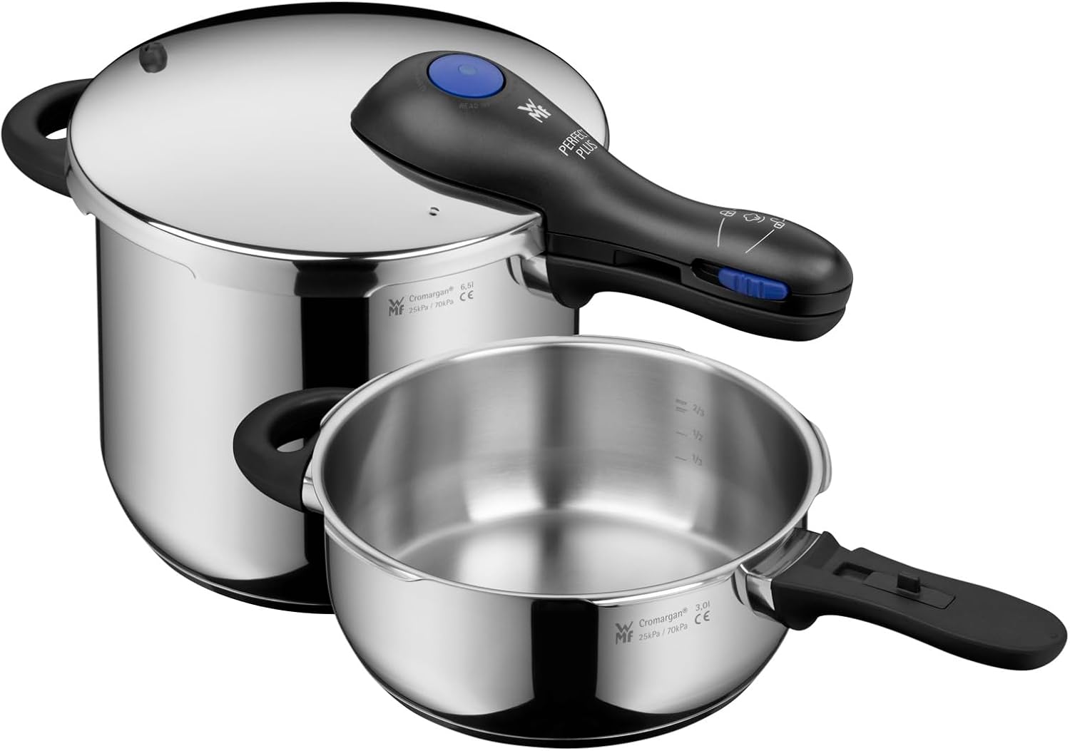 WMF Perfect Plus One Pot Schnellkochtopf Set Induktion 2-teilig, Dampfkochtopf 6,5 l + 3 l großes Kochsignal, 2 Kochstufen, Abnehmbarer Deckelgriff