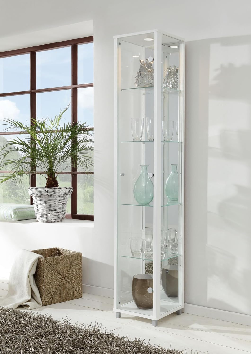 K-Möbel VR-Wohnwelten Glasvitrine (172 × 32 × 33 cm) in Schrank, einer Tragkraft von 5 kg pro Boden, Spiegel und LED, LED-Beleuchtung, Stauraum
