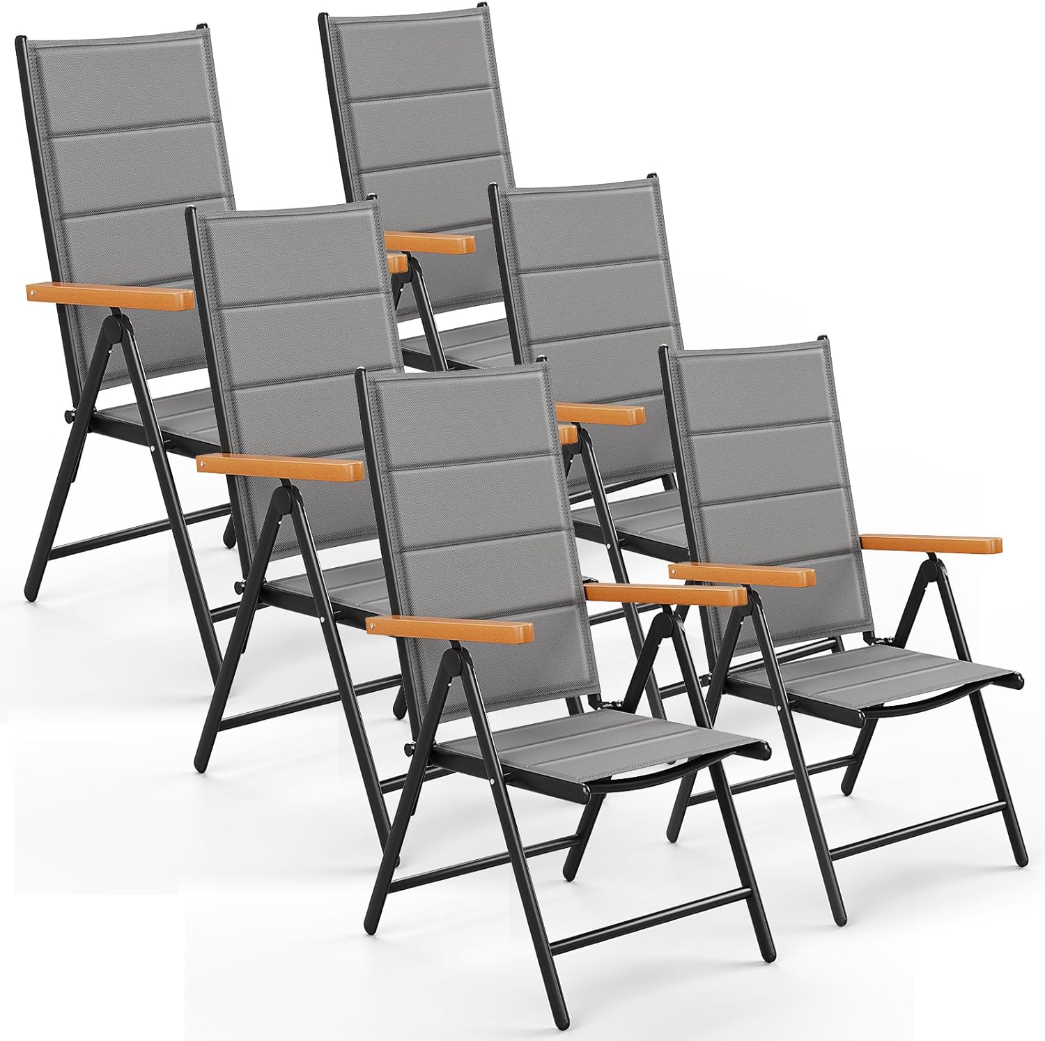 LIFERUN Gartenstühl Hochlehner Klappbar, 6er Set Aluminium Balkonstuhl, Bis 120 kg, Grau, WPC Armlehnen, Mit Gesteppte Rückenlehne & Sitzfläche, 6 PCS