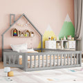 Merax Kinderbett Bodenbett 140 × 200 cm Hausbett mit Rausfallschutz & Lattenrost, Ohne Matratze, Grau, Schornsteinform, Öffnbarem Zaun, Jugendbett