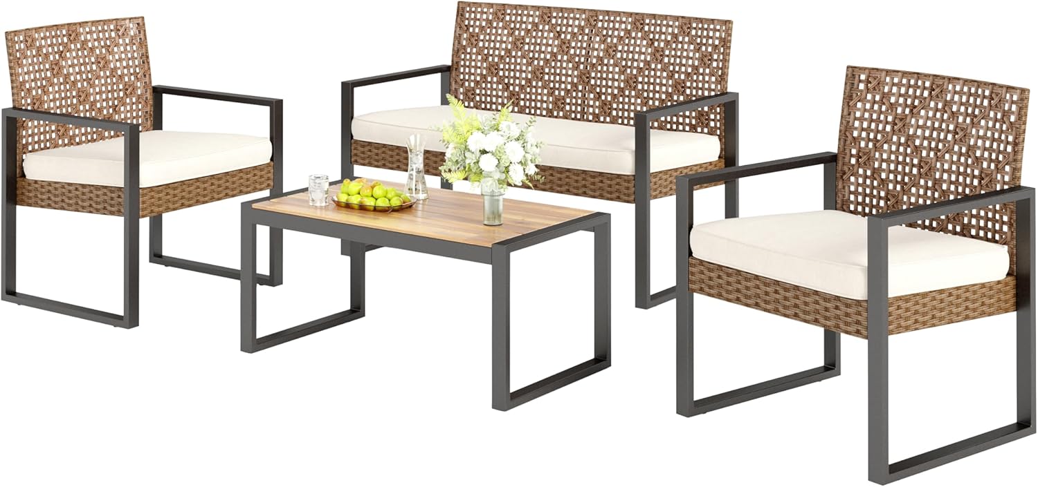 PHI VILLA Gartenmöbel Balkonmöbel Set mit 1 × 2-Sitzer Sofa, 2 x Sessel und 1 x Tisch, Beige & Braun