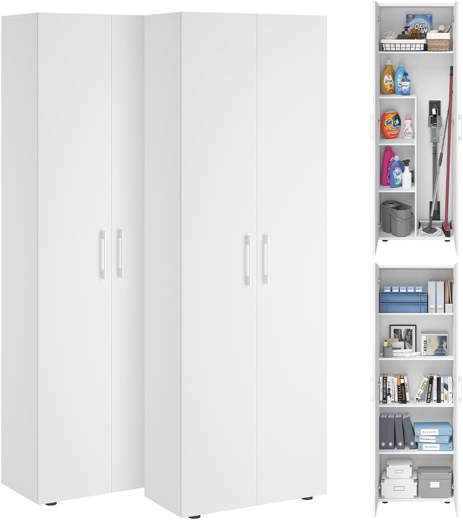 Bellamio Mehrzweckschrank Set 2-teilig, Schrank-Set mit Aktenschrank & Besenschrank in Weiß, Haushaltsschrank Holz 60 cm breit