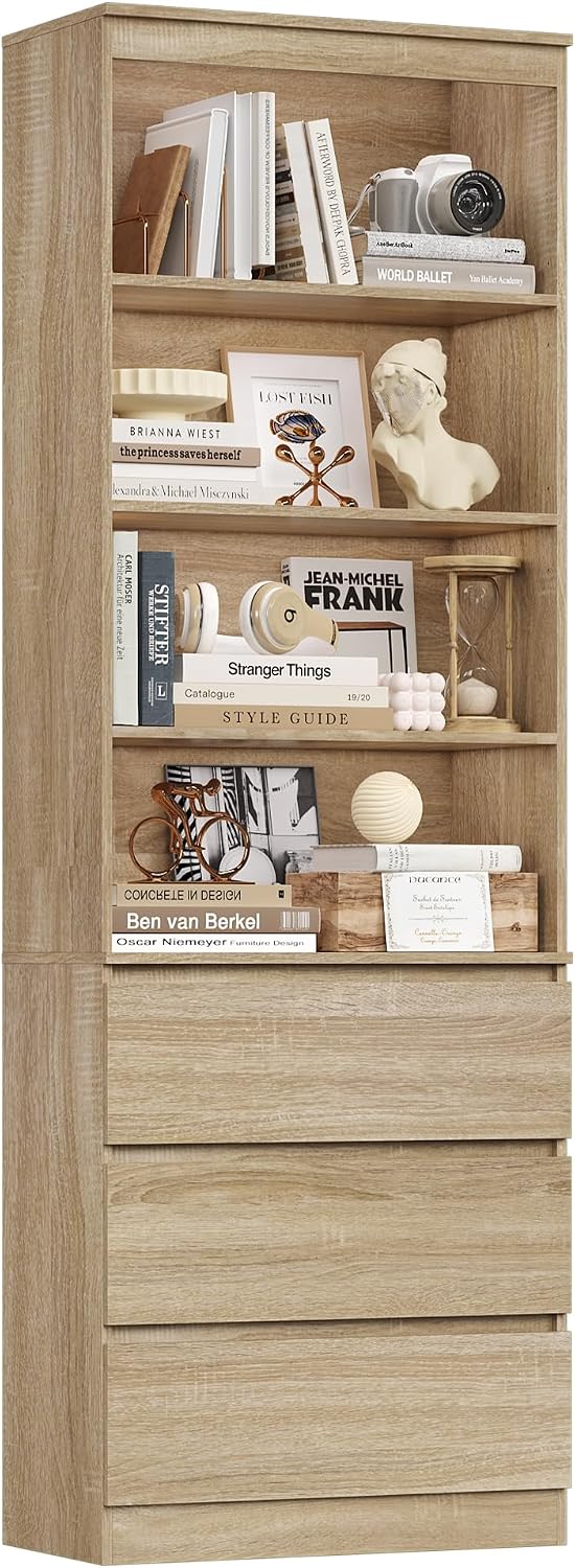 FirFurd 202 cm Bücherregal Bücherschrank mit 3 Schubladen 4 Fächern Hochschrank Wohnzimmerschrank mit verstellbaren Ablagen Vitrinenschrank für