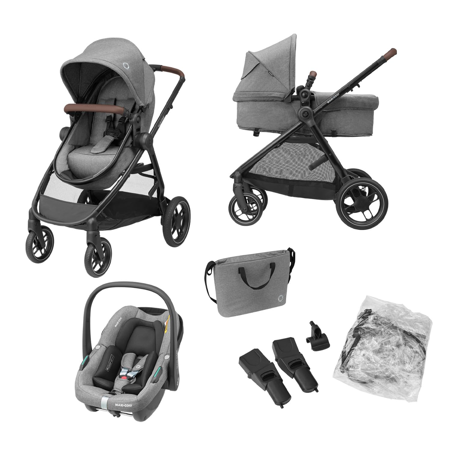 Maxi-Cosi Zelia S Trio Kinderwagen 3 in 1 Komplettset, Bis 22 kg, Grau, 0-4 Jahre, Zusammenklappbar, Kompakt, Verstellbarer Baby Kinderwagen, Zubehör