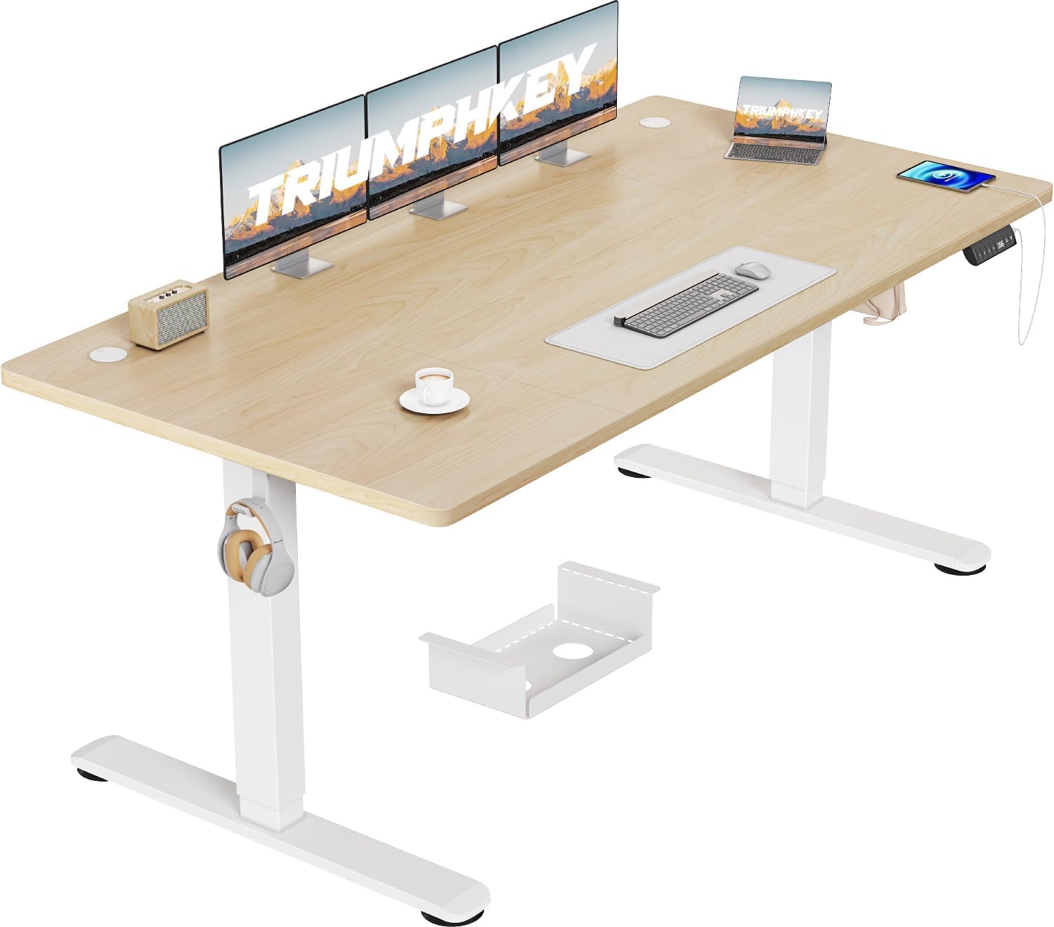 TRIUMPHKEY Höhenverstellbarer Schreibtisch 160 × 80 mit USB Ladeanschluss, 3 Memory-Steuerung Schreibtisch Höhenverstellbar mit Kabelkasten