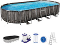 Bestway Steel Frame Pool Komplett-Set, Sicherheitsleiter & Abdeckplane 732 × 366 × 122 cm, Rattan grau, Oval, Mit Filterpumpe, 5611T