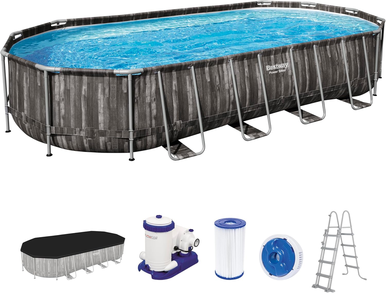 Bestway Steel Frame Pool Komplett-Set, Sicherheitsleiter & Abdeckplane 732 × 366 × 122 cm, Rattan grau, Oval, Mit Filterpumpe, 5611T