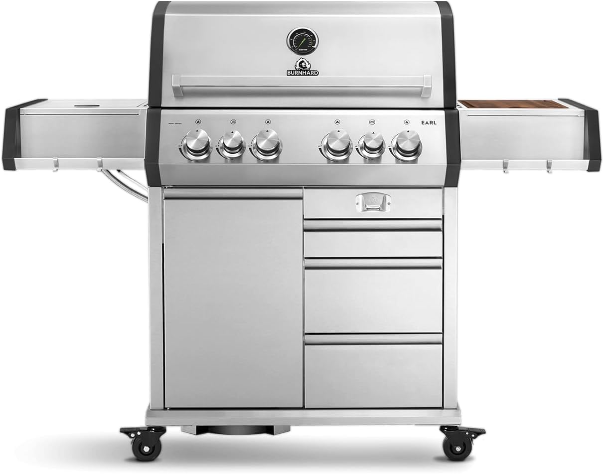 BURNHARD Gasgrill 4-Brenner inkl. Heckbrenner, Mit Gusseisen Grillrost & inkl. stabiler Abdeckhaube, Seitenkochfeld mit Infrarot Keramikbrenner