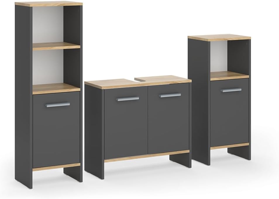 Vicco Badmöbel-Set Karli, 131.4 cm, Anthrazit/Goldkraft Eiche, Besteht aus Waschbeckenunterschrank, Spiegelschrank und Hochschrank