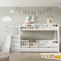 Jovify Bett Etagen Kinderbett 90 × 200 für 2 Kinder , Hochbett mit Treppe&Rutsche&2 Schubladen, Massivholz, Ohne Matratze, Weiß, Stauraum