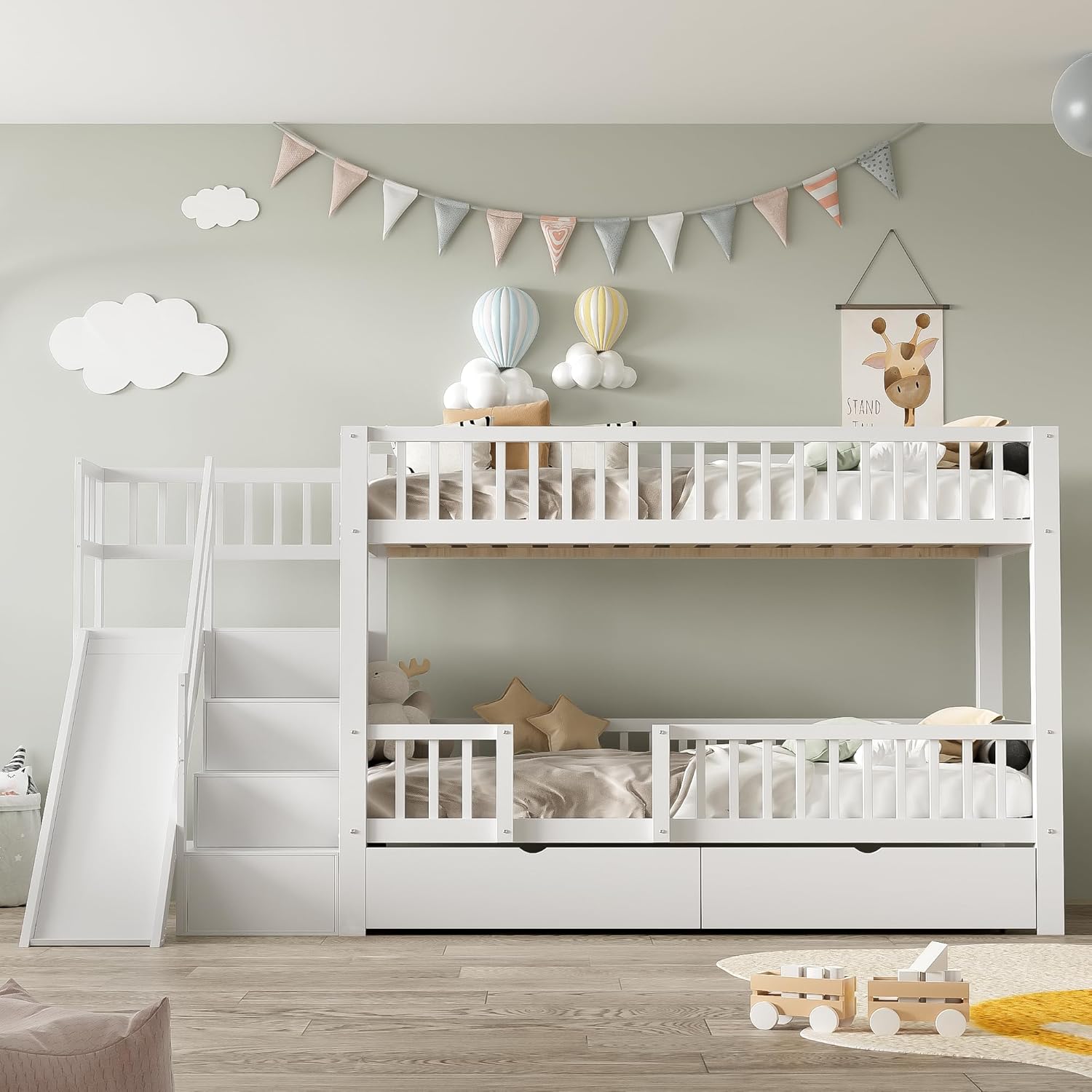 Jovify Bett Etagen Kinderbett 90 × 200 für 2 Kinder , Hochbett mit Treppe&Rutsche&2 Schubladen, Massivholz, Ohne Matratze, Weiß, Stauraum