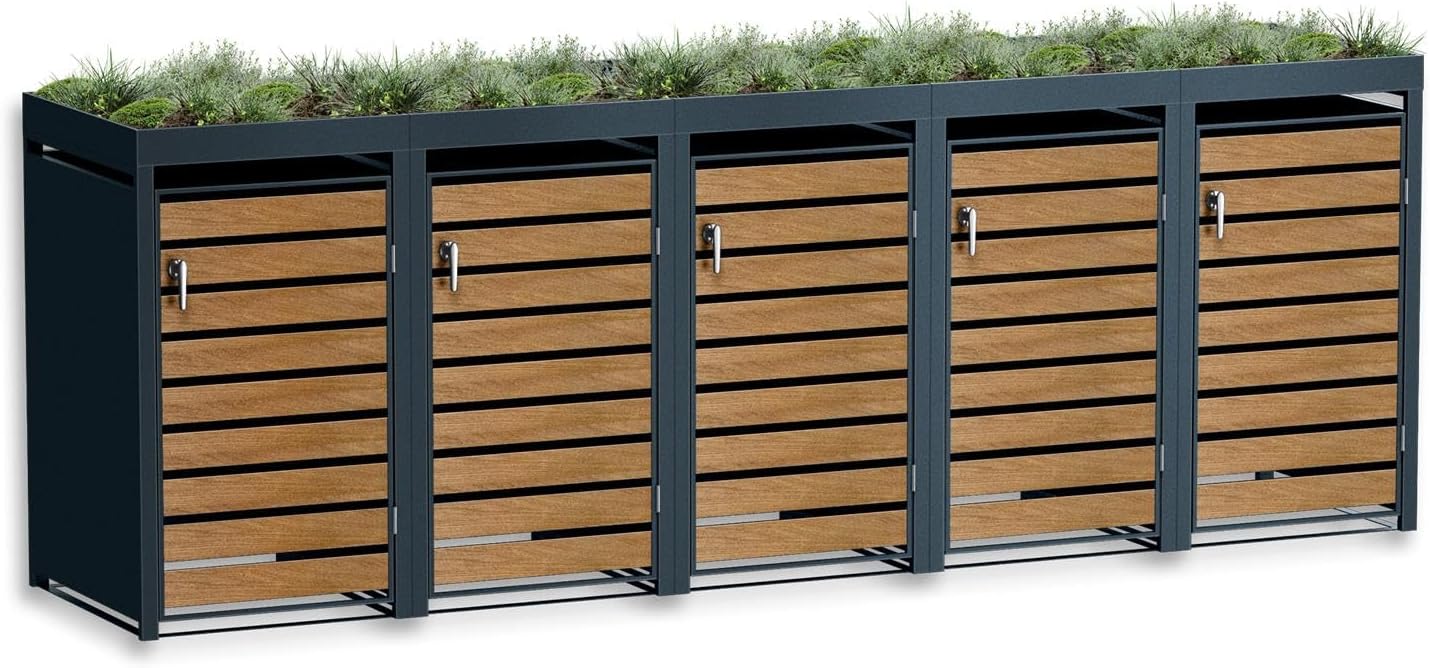 Metzler Mülltonnenbox 5er 240 l in Anthrazit & Holzoptik mit Pflanzdach & Sichtstreifen, Mülltonnenverkleidung 5 Tonnen mit Automatikdeckel