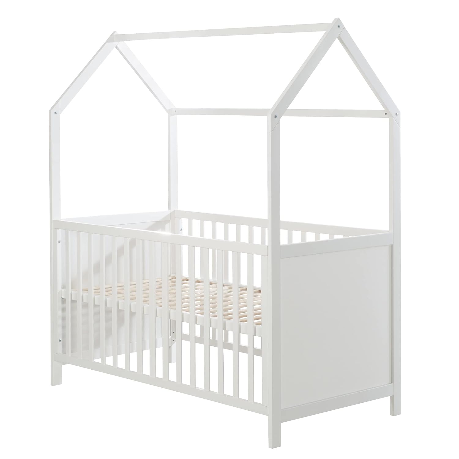 Roba Hausbett 70 × 140 cm, FSC zertifiziert, Babybett in Hausoptik, Höhenverstellbar, Umbaubar zum Juniorbett, Holz weiß