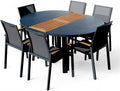 ALEOS. Gartengarnitur Gartenset Aluminium Teak Set mit rundem Ausziehtisch 120 cm auf 160 cm ausziehbar + 6 Stapelstühle anthrazit Trinidad