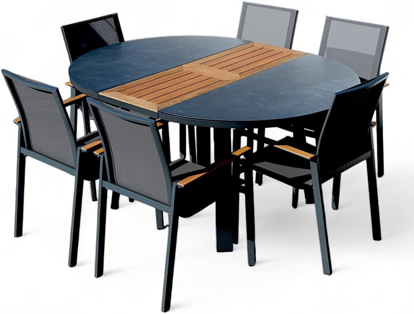 ALEOS. Gartengarnitur Gartenset Aluminium Teak Set mit rundem Ausziehtisch 120 cm auf 160 cm ausziehbar + 6 Stapelstühle anthrazit Trinidad