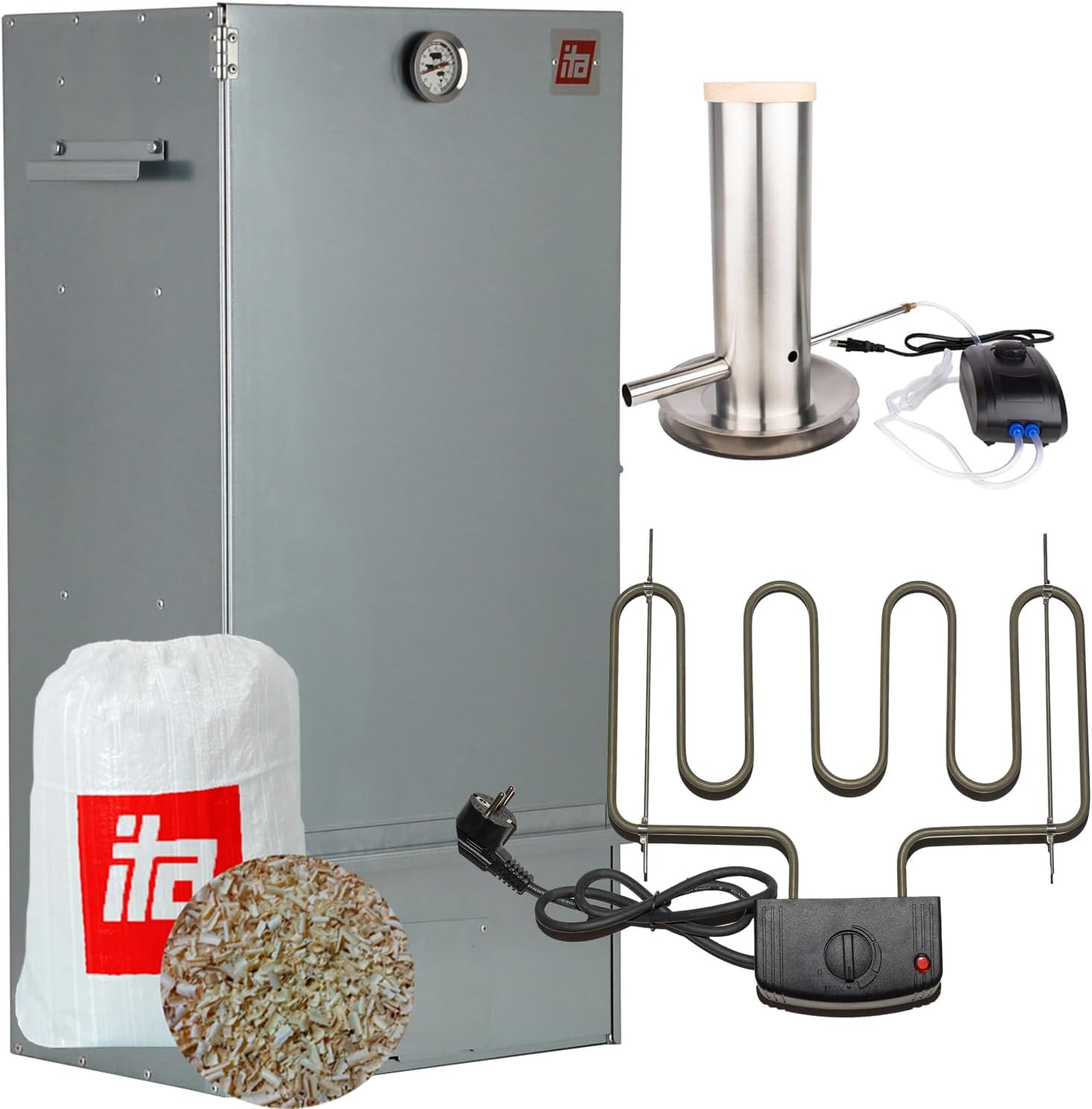 ITA Elektrischer Räucherofen 7001, Smoker Set mit Heizung, 81 cm mit 3 Etagen, Rauchgenerator, Räucherschrank mit Thermometer, Legierter Stahl