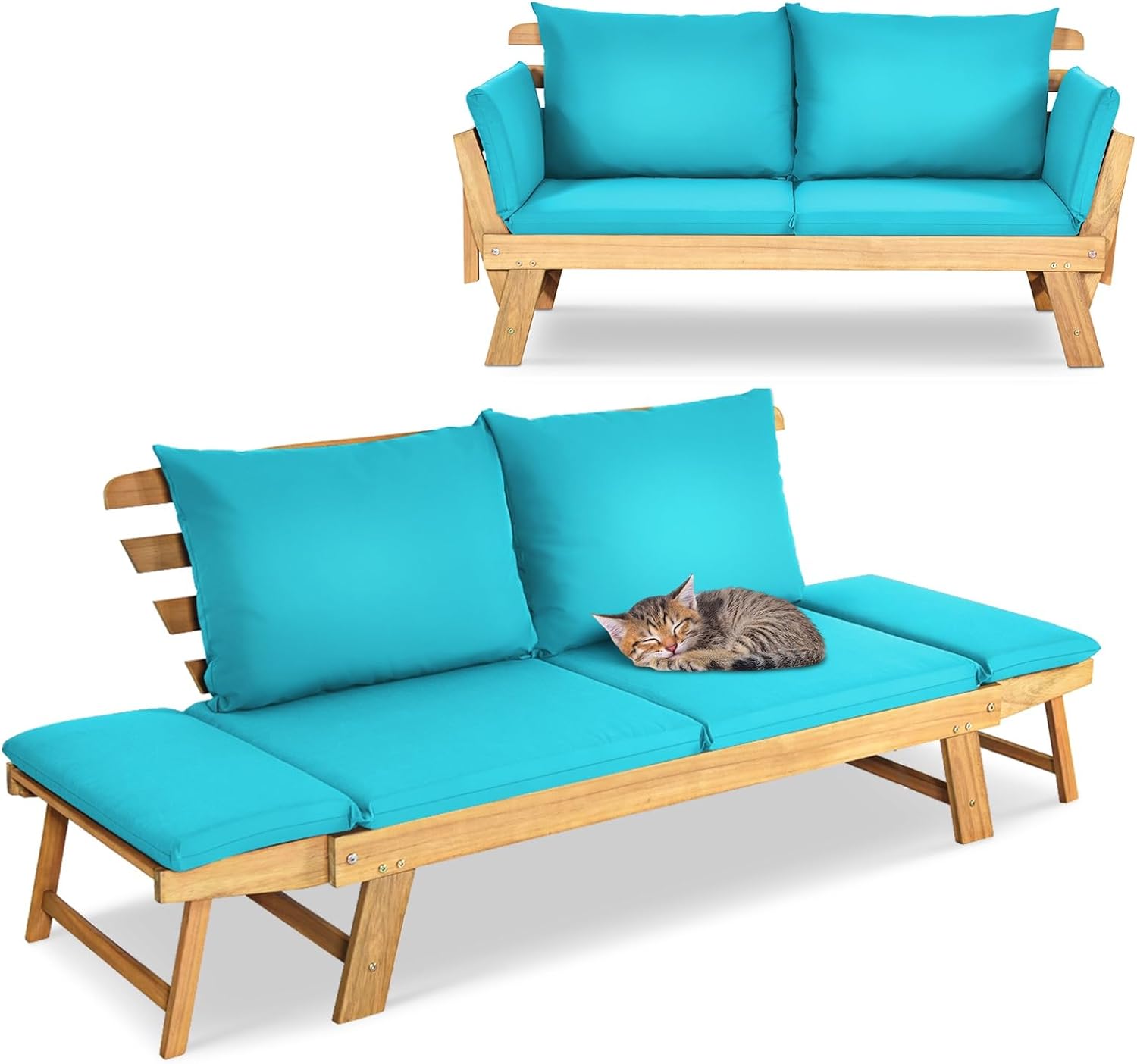 GIANTEX Liegesofa mit klappbaren Seitenlehnen, Grau/beige, Gartenbank Sitzbank mit Auflagen, Sonnenliege Gartenliege aus Akazienholz, Türkis