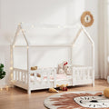 En.casa Kinderbett Sisimiut Hausbett Montessori 70 × 140 cm mit Rausfallschutz Holzbett für Kinder Bodenbett Lattenrost Kiefernholz Weiß matt