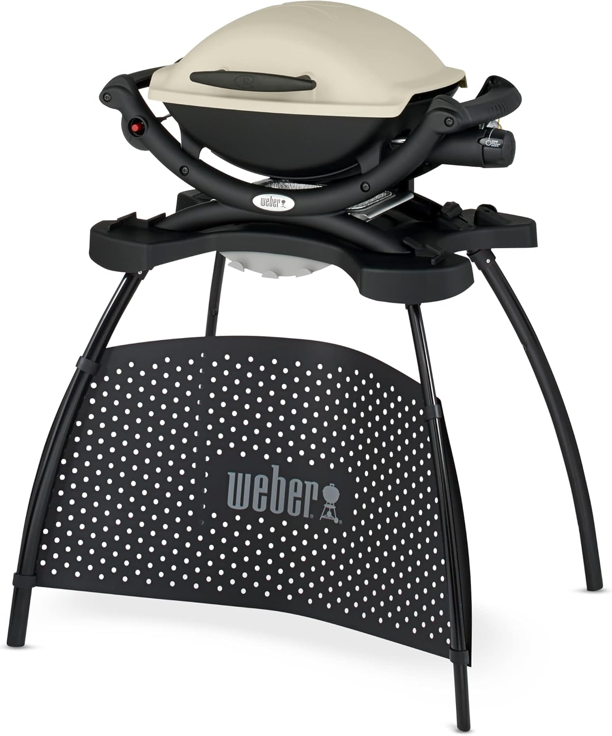 Weber Q1000 Gasgrill mit Stand, 43 × 32 cm Grillfäche, Portabler BBQ Grill, 1 Brenner, 2-geteilter porzellanemaillierter Guss-Grillrost, Titanium