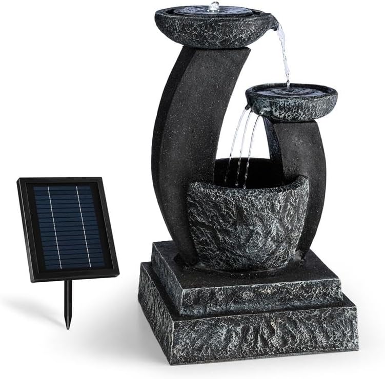 Blumfeldt Fantaghiro Zierbrunnen mit Wasserspiel, 3 W Solarpanel, Unabhängig vom Stromnetz Dank Akku, Schwarz, 3 Ebenen, Integrierte Beleuchtung
