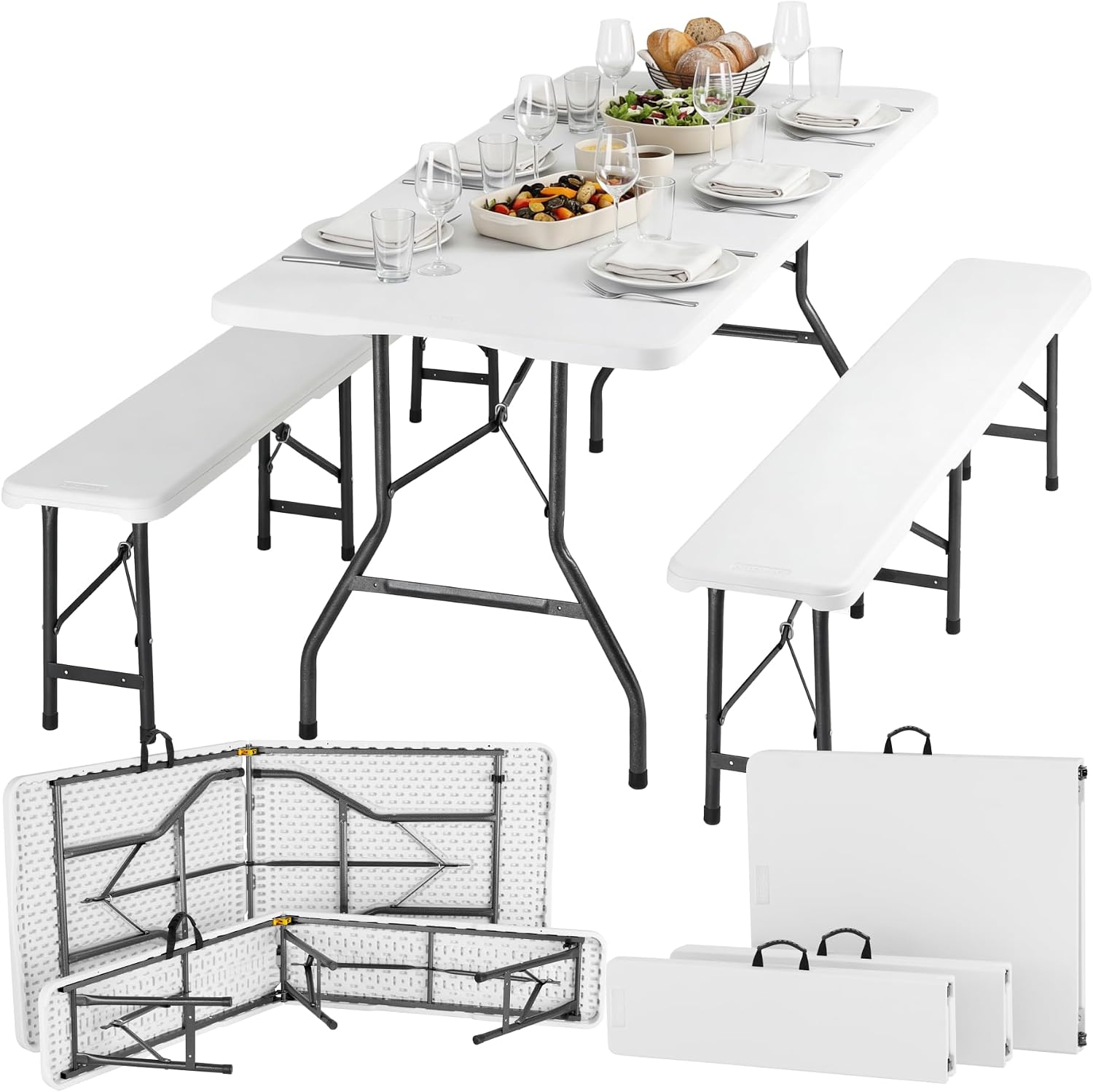 Tectake 3-teiliges Gartenmöbel Set, Garten oder Terrassentisch Set, 180 cm lang, Klappbarer Campingtisch mit 2X Bierbank, Balkonmöbel, Weiß