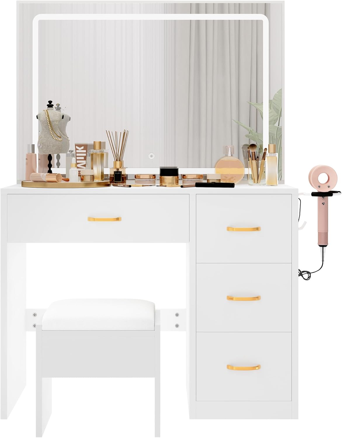YITAHOME Schminktisch mit Spiegel, Kosmetiktisch mit 4 Schubladen, Beleuchtung, Weiß, Make Up Tisch, Frisiertisch, Vanity Table