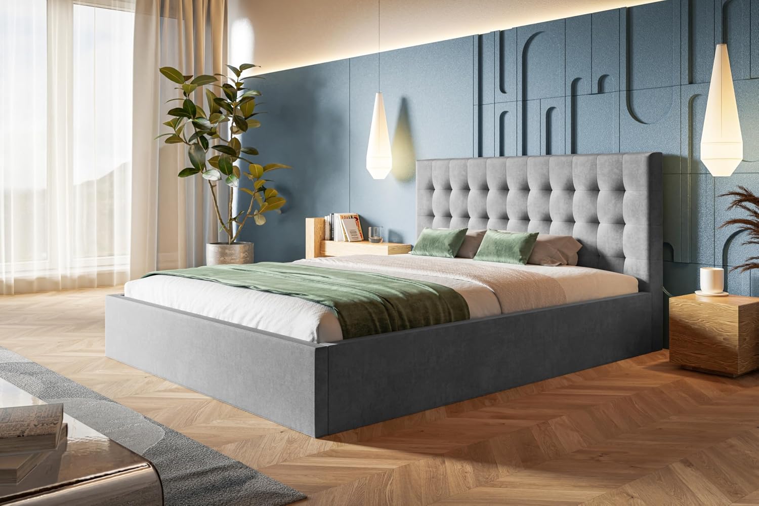 AlpiMeble Bettgestell Bett 160 200 , Polsterbett mit Bettkasten und Holzrahmen, Modern Betten, Weicher Jasminstoff, Kollektion Rio, grau, Stauraum