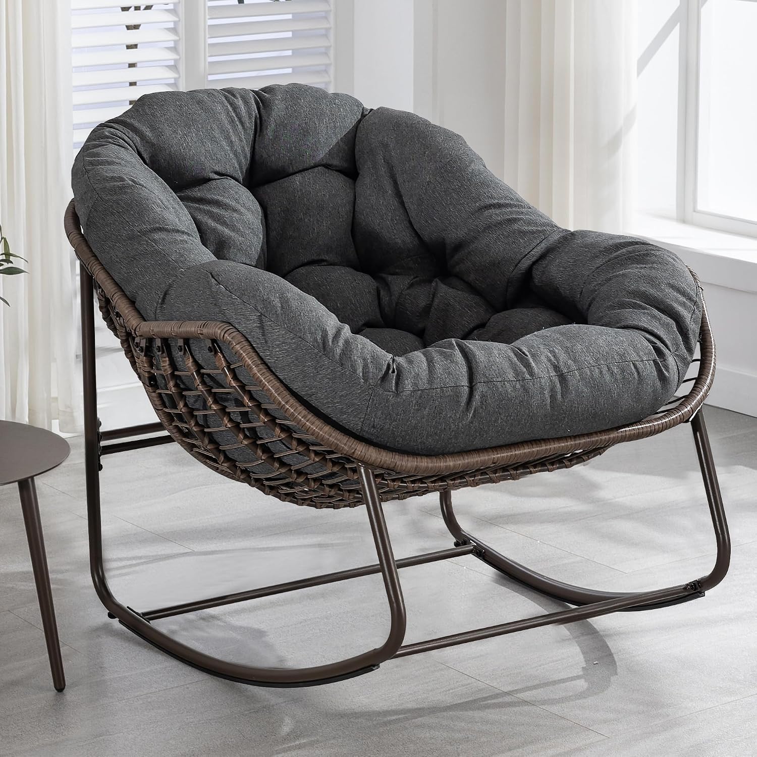 Villeston Outdoor Schaukelstühl, Rattan, Ei-Schaukelstuhl für Wohnzimmer, Veranda, Garten, Terrasse, Hinterhof, Grau/Braun