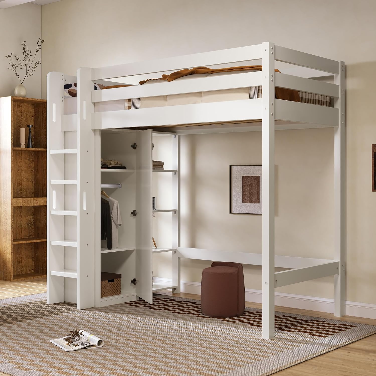 LAKFEW Hochbett Kinderbett 90 × 200 cm mit Kleiderschrank, Ohne Matratze, Etagenbett Bett mit Stauraum Regalen, Jugendbett mit Lattenrost, Weiß