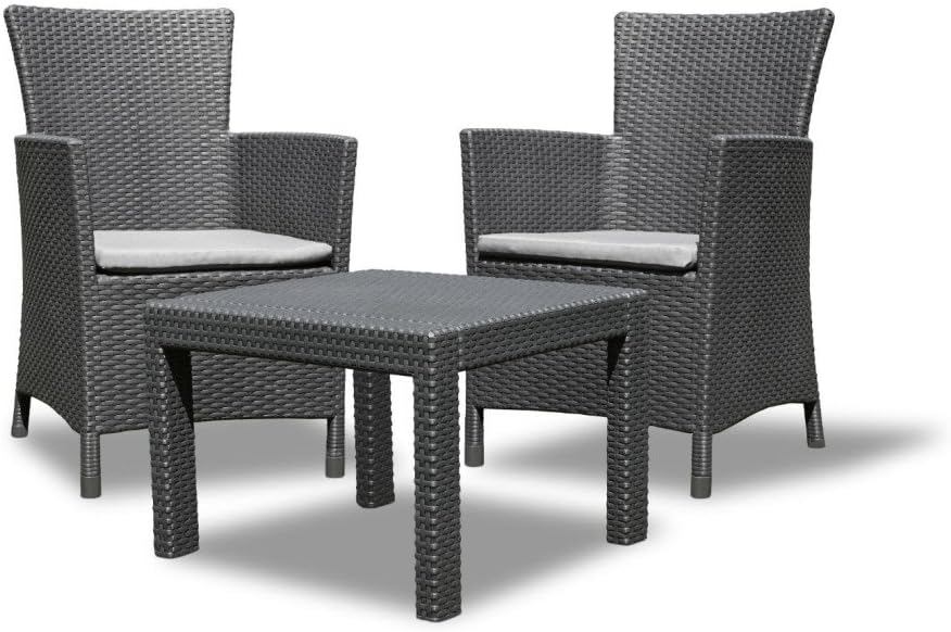 Keter Allibert by  Lounge Set Rosario Balcony 2x Sessel und 1x Tisch, Graphit inkl. Sitzkissen, Rattanoptik, Kunststoff, Geeignet für Balkon