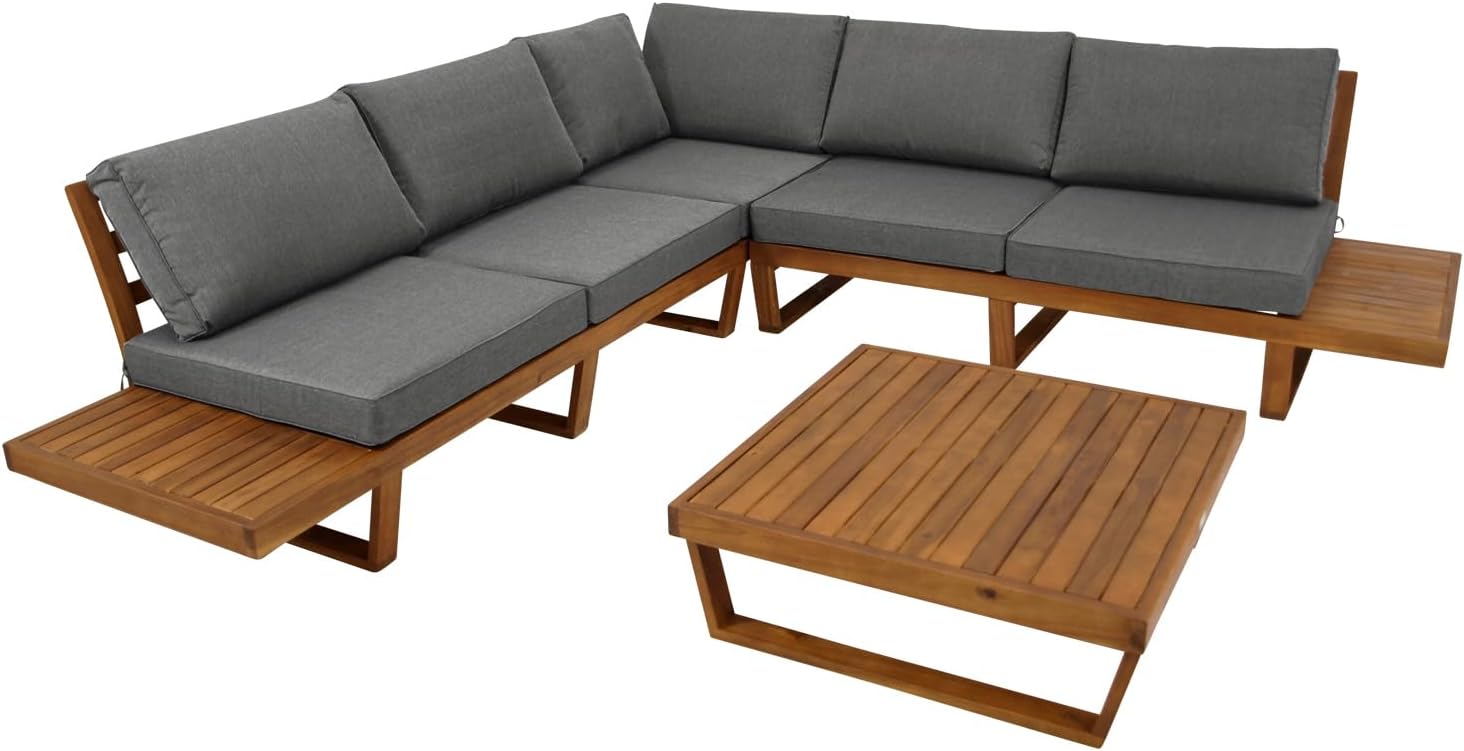DEGAMO Loungeset Gartenset Cartagena mit Ecksofa und Loungetisch 15-teilig, Stellmaß 248 × 248 cm, Mit Polstern grau, Akazienholz braun geölt