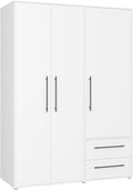 FORTE Jupiter Schrank 140 150, 145 cm breit x 59 cm tief x 200 cm hoch, Weißer Kleiderschrank, Drehtürenschrank, 3-türig, Weiß