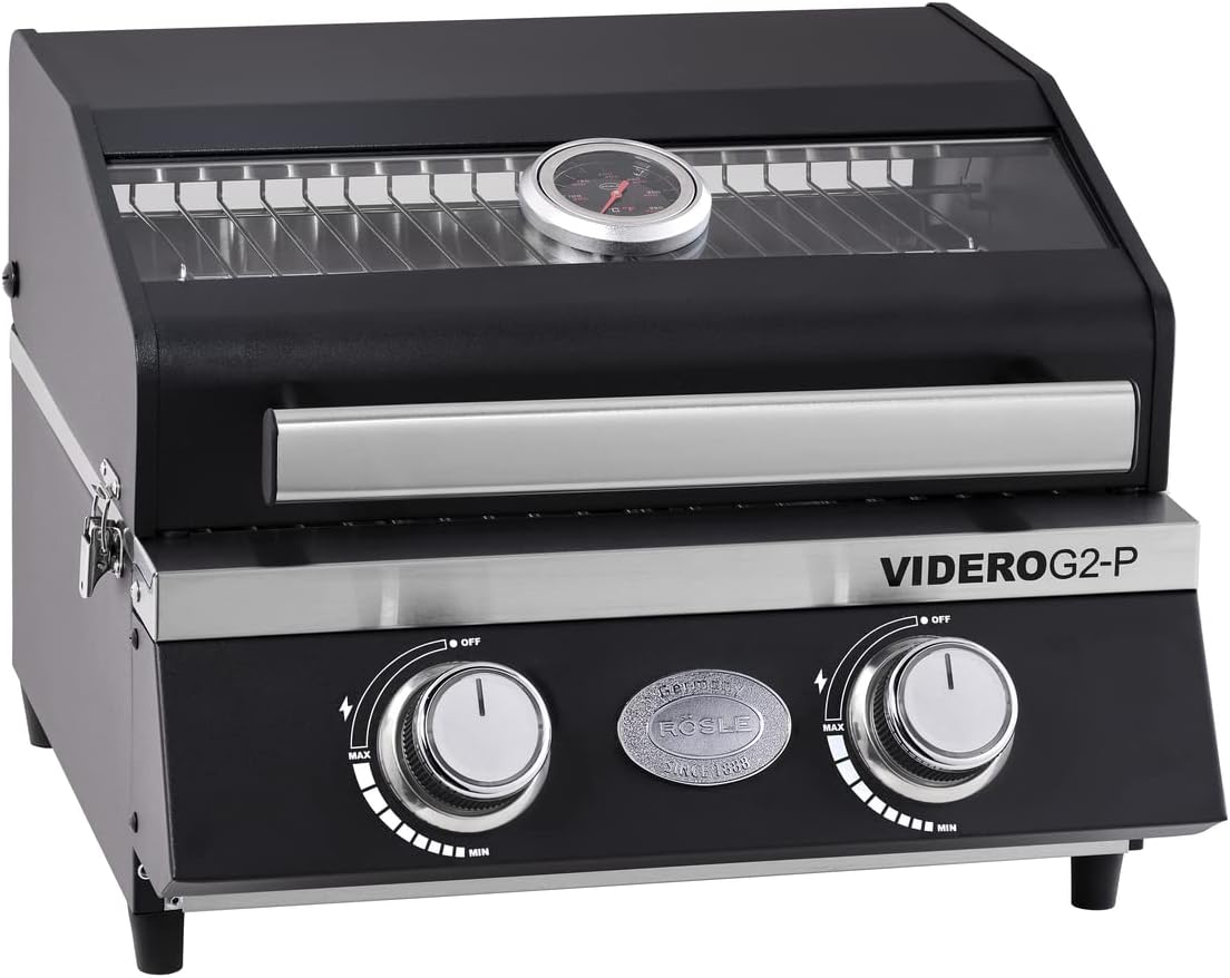 RÖSLE Gasgrill BBQ-Portable VIDERO G2-P, Schwarz, Tragbarer Tischgrill mit 2 Edelstahlbrennern, Pulverbeschichteter Stahl, 50 mbar