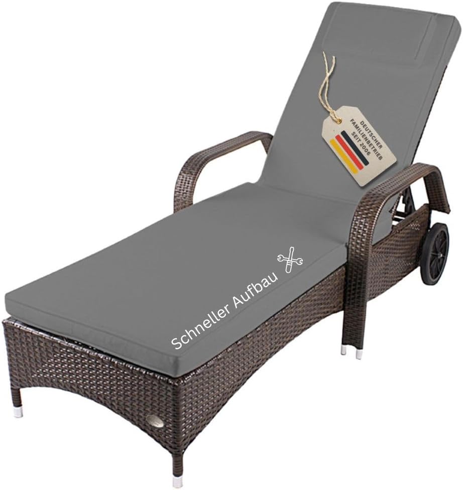 RS Trade Sonnenliege Gartenliege Toscana Wetterfest mit Rollen, Polyrattan Rattan Liege Outdoor mit Armlehne, Verstellbare Relaxliege für Garten