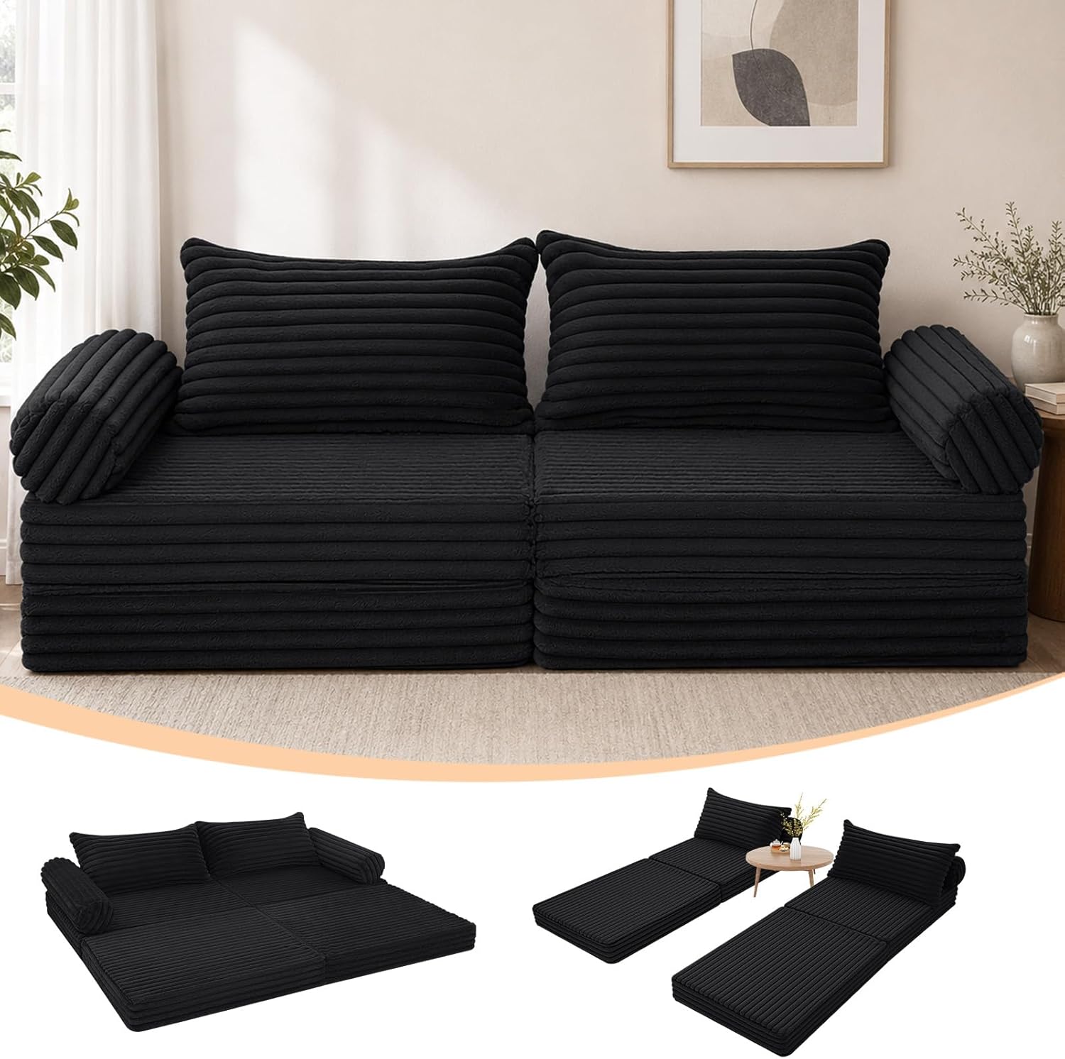 MeMoreCool Umwandelbares Schlafsofa mit Kissen, Schwarz, Boneless Couch– Faltbares Futon für kleine Räume, Sofabett für Wohnzimmer