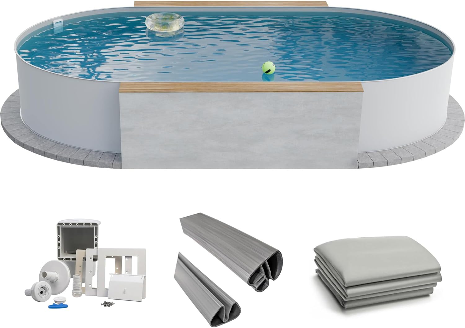 Fresh-Pool Profi Stahlwandpool Set oval, Folie 0,8 mm grau, 525 × 320 × 120 cm, Stahl 0,6 mm weiß