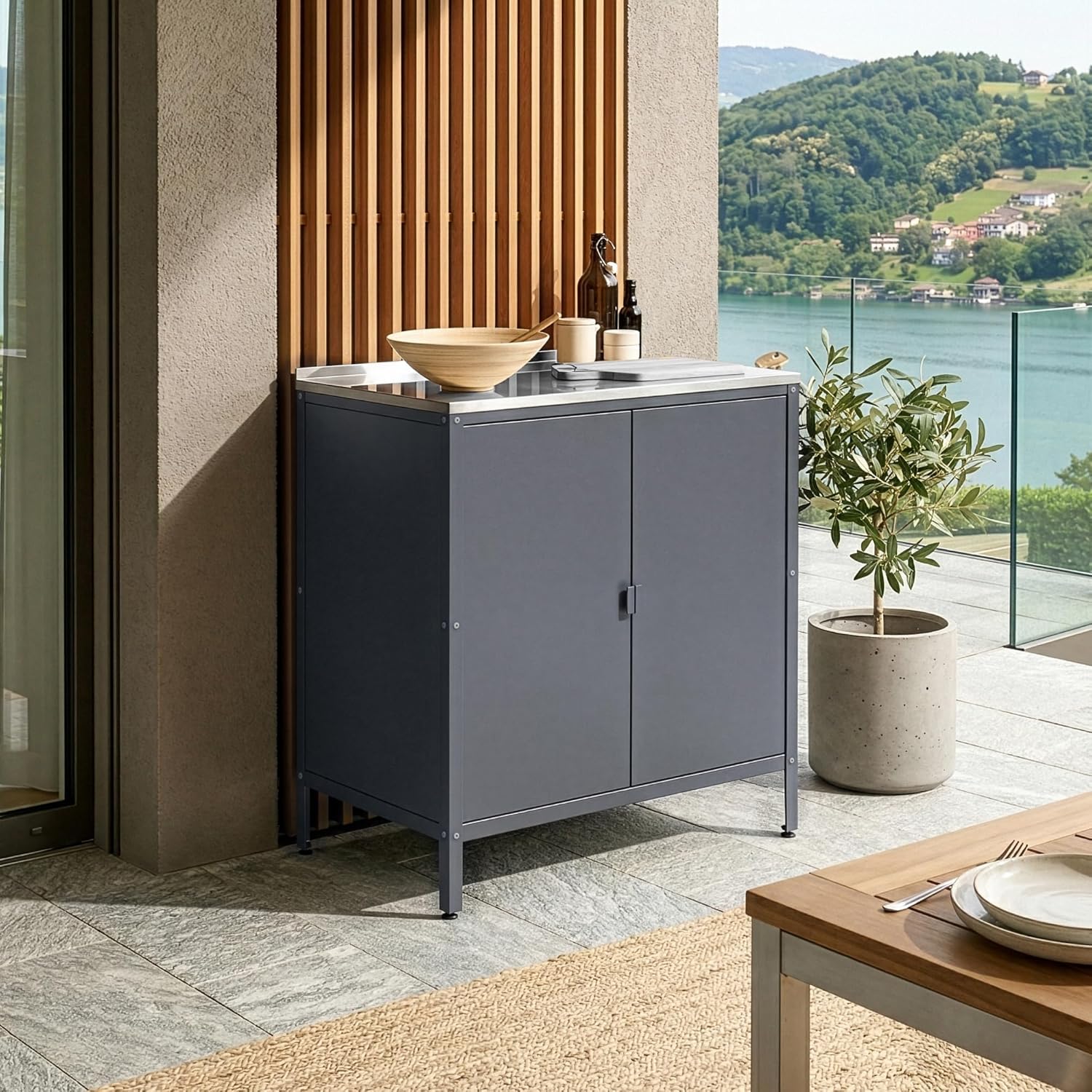 Casa.pro Outdoor Schrank Bolognano Gartenschrank Balkonschrank Spind Zwei Türen für Innen- und Außenbereich 92 × 80 × 50 cm Dunkelgrau, Matt