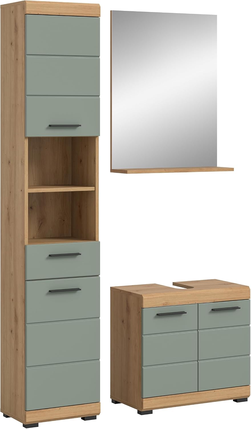 furnling Badmöbel-Set Scott Komplettprogramm, Badezimmer-Set 3-teilig, Waschbeckenunterschrank, Salbei/Artisan Eiche, Hochschrank, Spiegel