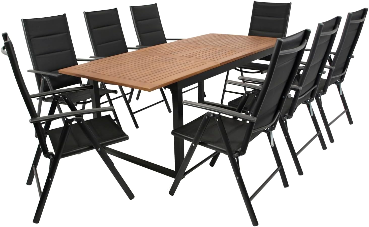 DEGAMO Gartenset Garnitur RIVELLO 9-teilig, 1x Ausziehtisch 150/200 × 90 cm, 8X Klappsessel, Alu anthrazit + Akazie geölt