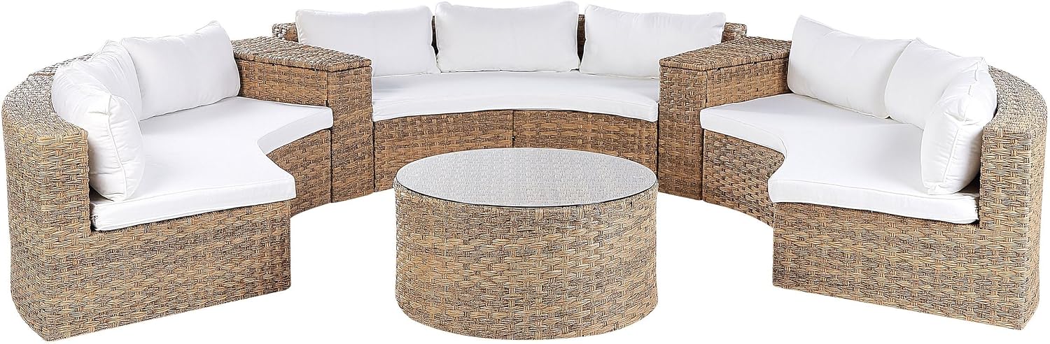 Beliani 9-Sitzer Lounge Rattan Gold Gartenmöbel-Set, Belastung des Tischs: 25 kg Max, Polyrattan, Aluminium, Braun/Weiß