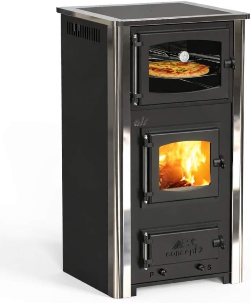 DanDiBo Kaminofen mit Backfach und Herdplatte ABC Concept 2 Air Backofen, 10 kW, Edelstahl, Schwarz/Silber, Glas