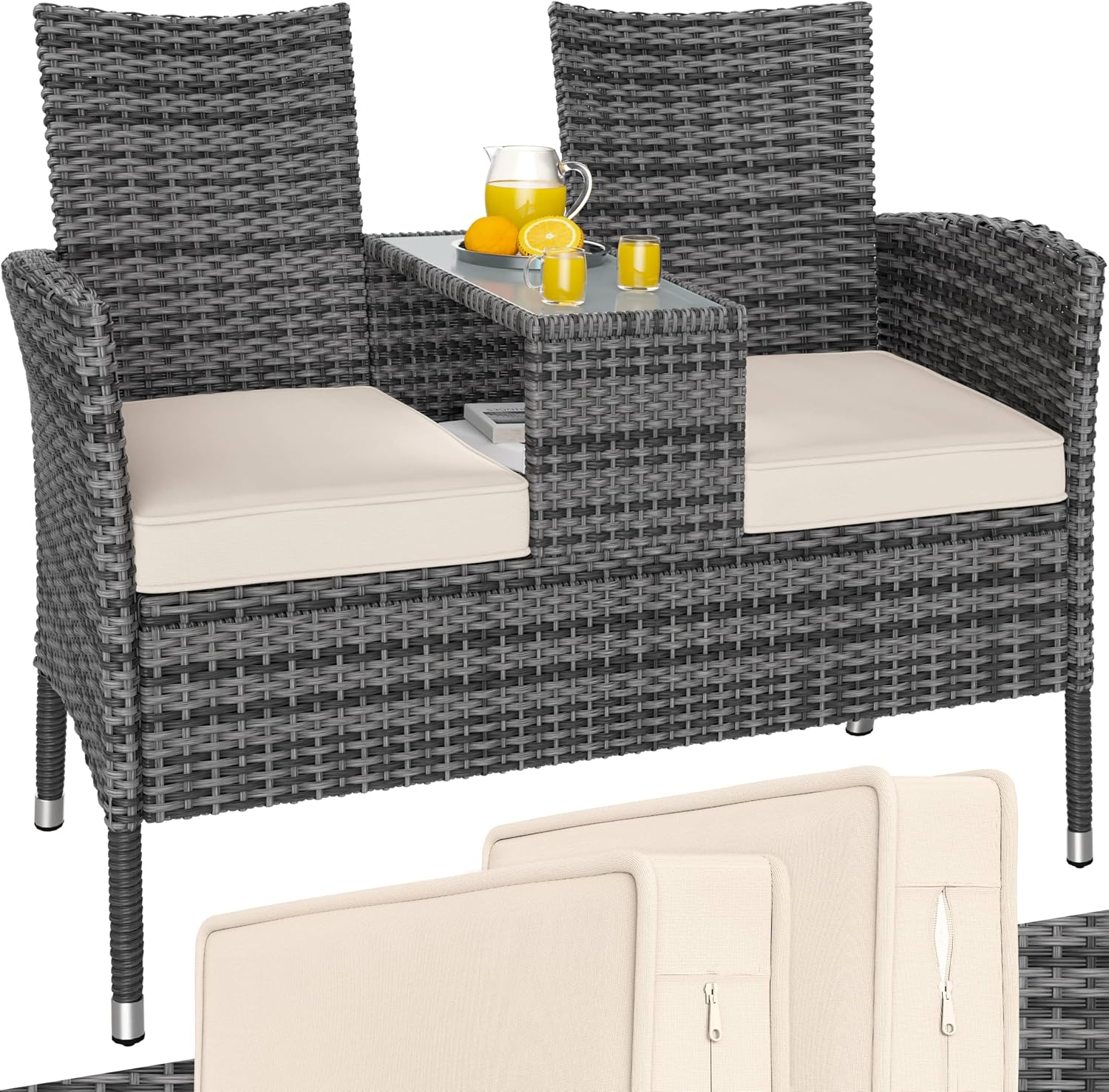 Casaria Gartenbank Sitzbank inkl. Auflagen Wetterfest Polyrattan 320 kg Belastbar Tisch Ablage UV-beständig Garten Balkon Bank 2-Sitzer 143 × 55 cm