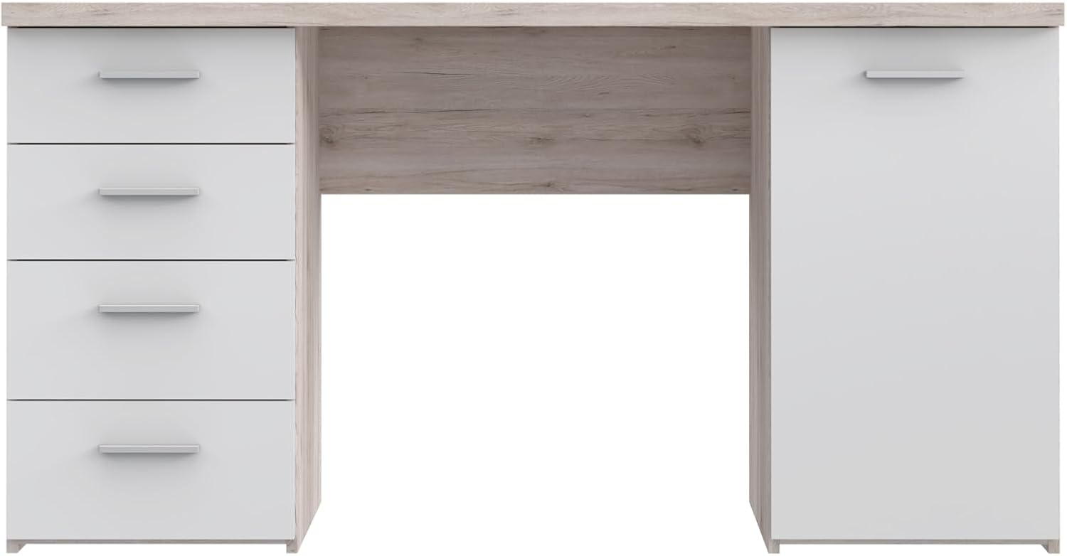 Forte NET106 Schreibtisch 140 150, 145 cm breit x 60 cm tief x 76,3 cm hoch, Praktischer Schreibtisch mit 4 Schubladen und 1 Tür, Büro, Computertisch