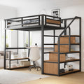 Merax Hochbett aus Metall, Ohne Matratze, 140 × 200 cm, Schwarz, Multifunktionales Hochbett mit Schreibtisch und Stautreppe
