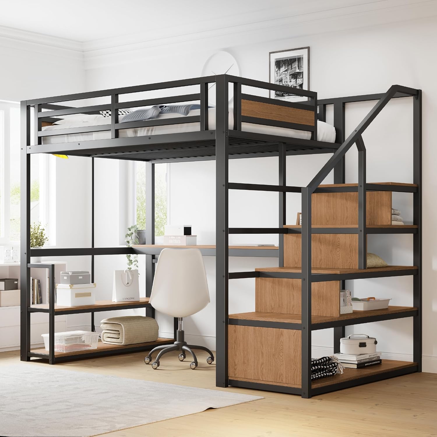 Merax Hochbett aus Metall, Ohne Matratze, 140 × 200 cm, Schwarz, Multifunktionales Hochbett mit Schreibtisch und Stautreppe