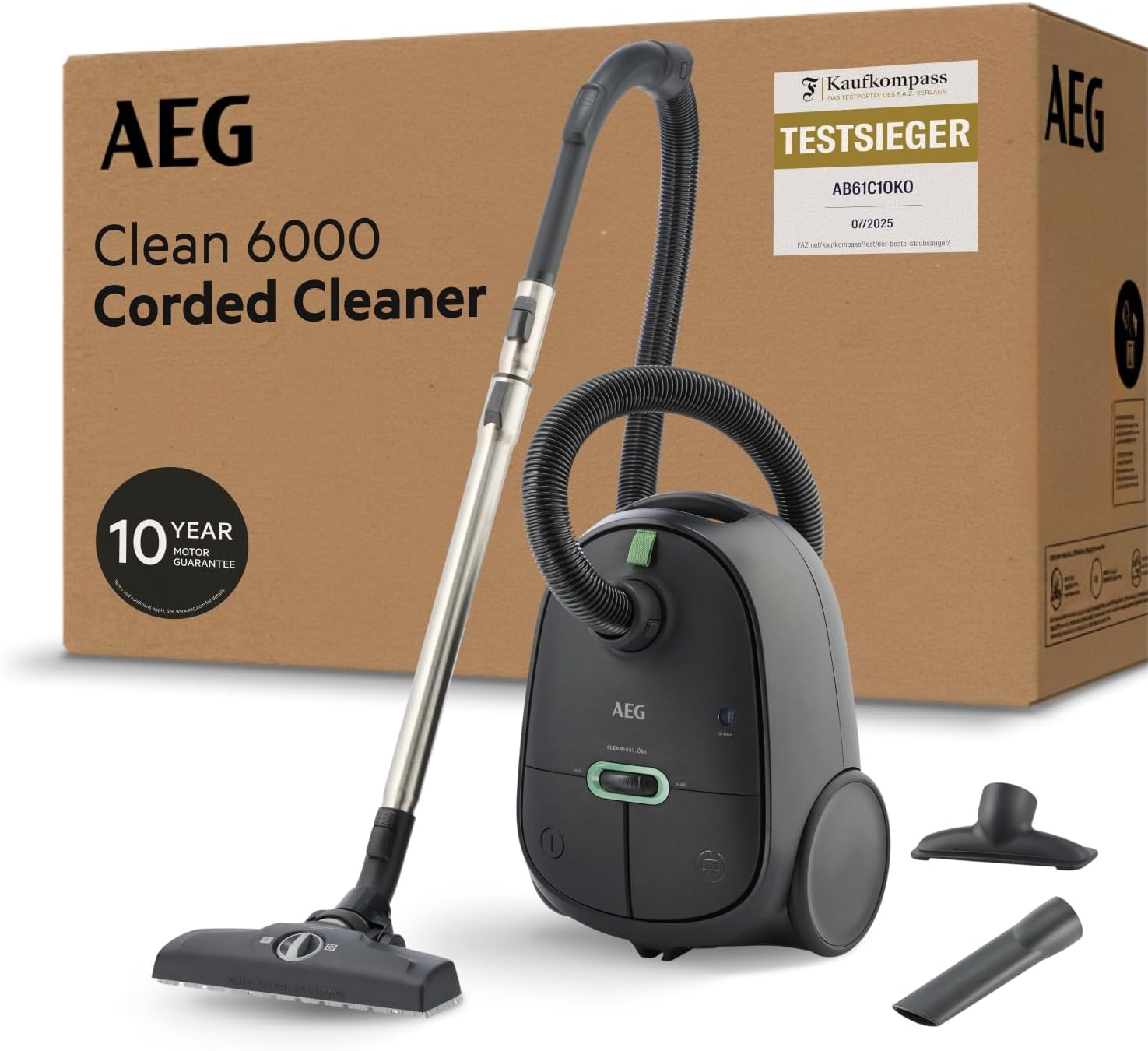 AEG CLEAN 6000 ÖKO Staubsauger mit Beutel, 12 m Kabel, AB61C1OKO, Grau, Hohe Saugleistung, XL-Räder, Edelstahl-Teleskoprohr, Aus 65% Recyclingmaterial