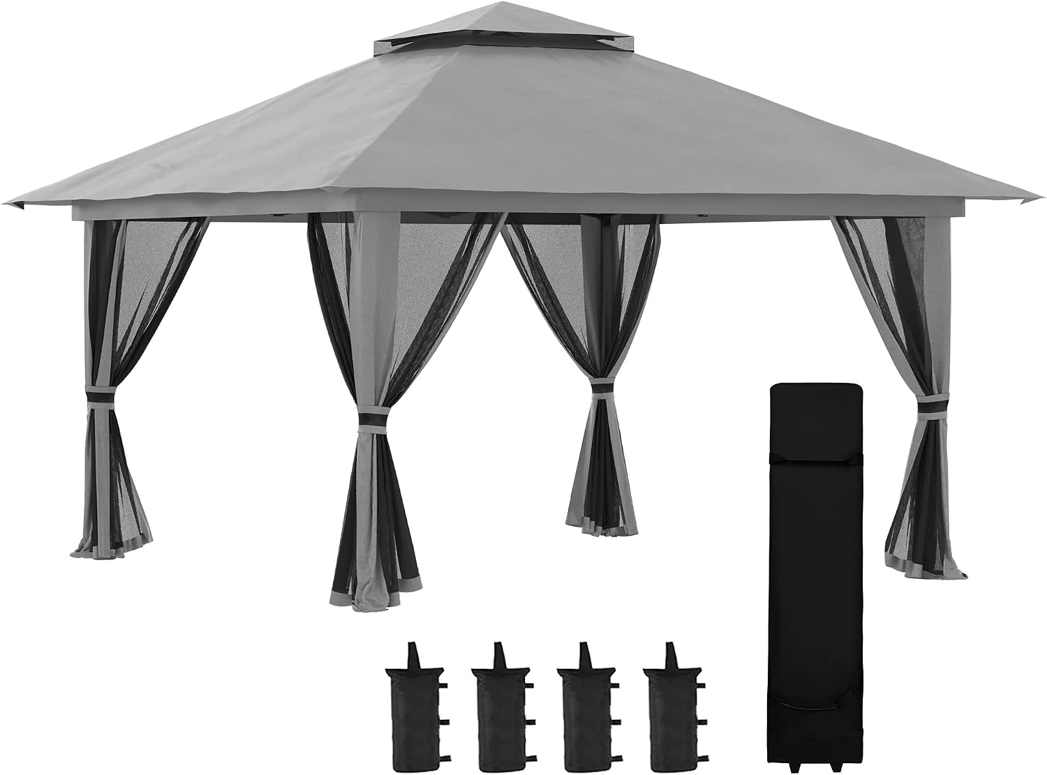 Outsunny Pavillon 4 × 4 m Stabil Winterfest Pop-up Gartenpavillon mit Doppeldach, Dunkelgrau