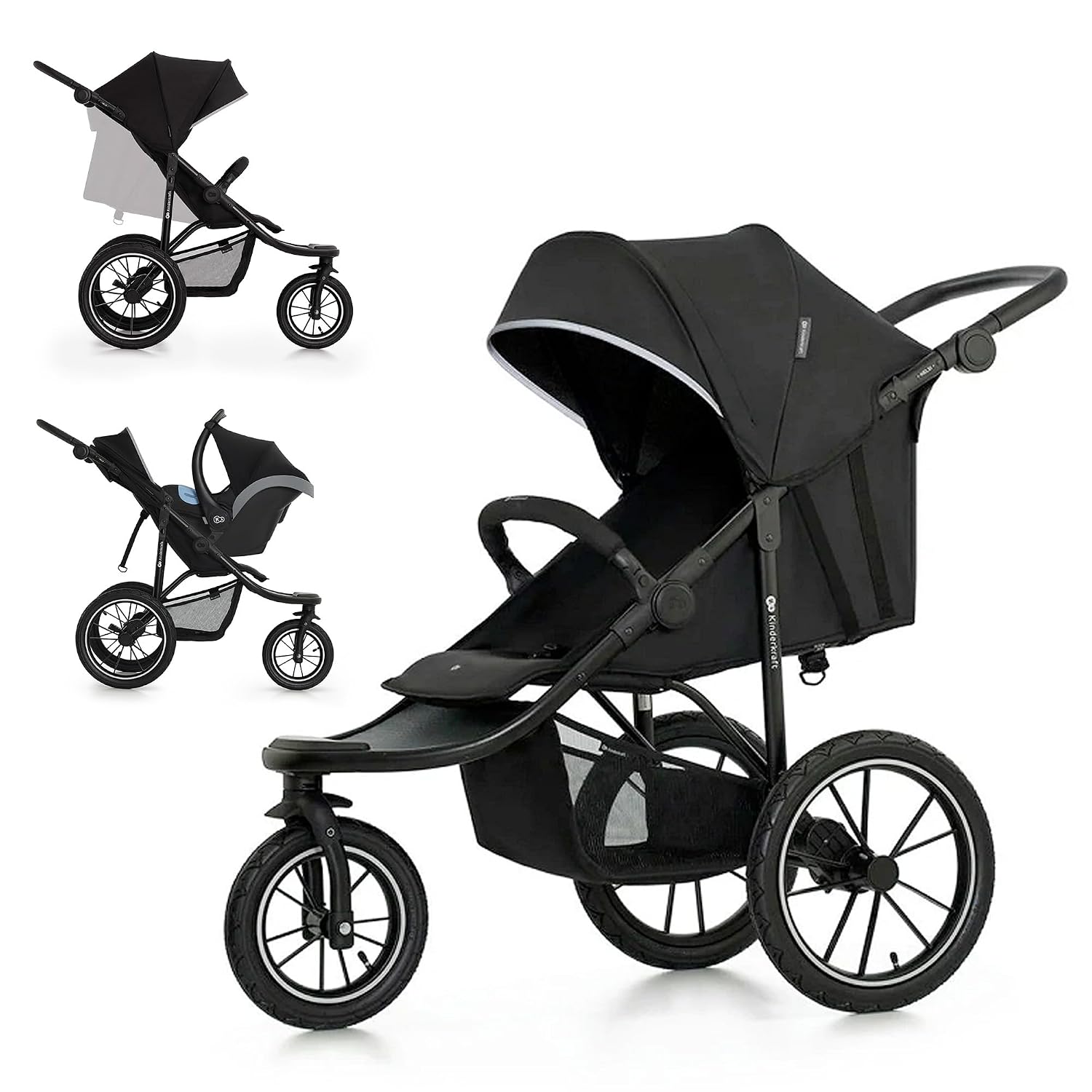 Kinderkraft HELSI 2 Buggy bis 27 kg, Schwarz, Buggy ab geburt, Laufkinderwagen mit große Luftreifen, Liegefunktion, Verstellbarer Elterngriff