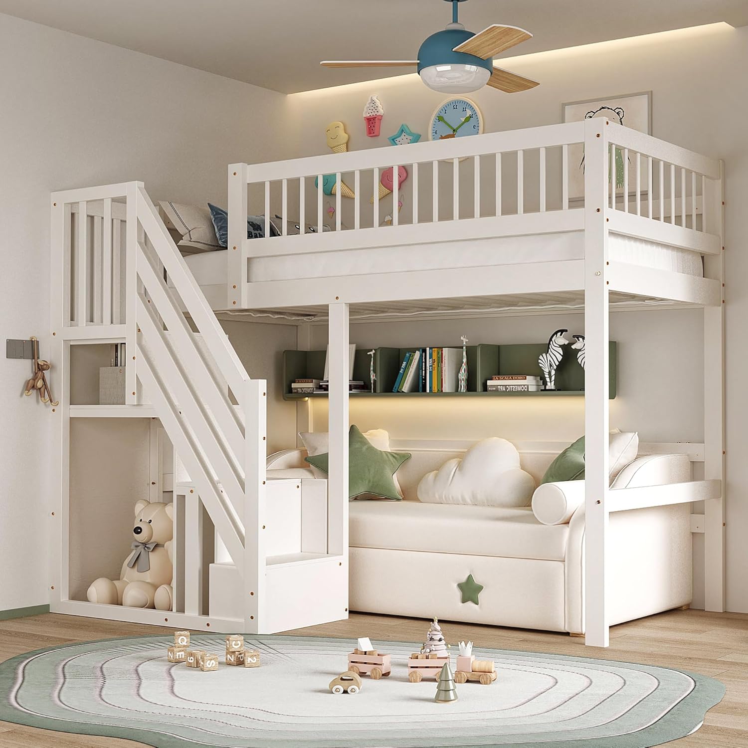Jovify Bett Etagen 90 × 200 , Größe: 205 × 133, 5 × 173 cm, 90 × 200, Kinder, Massivholz, Ohne Matratze, Weiß, Stauraum